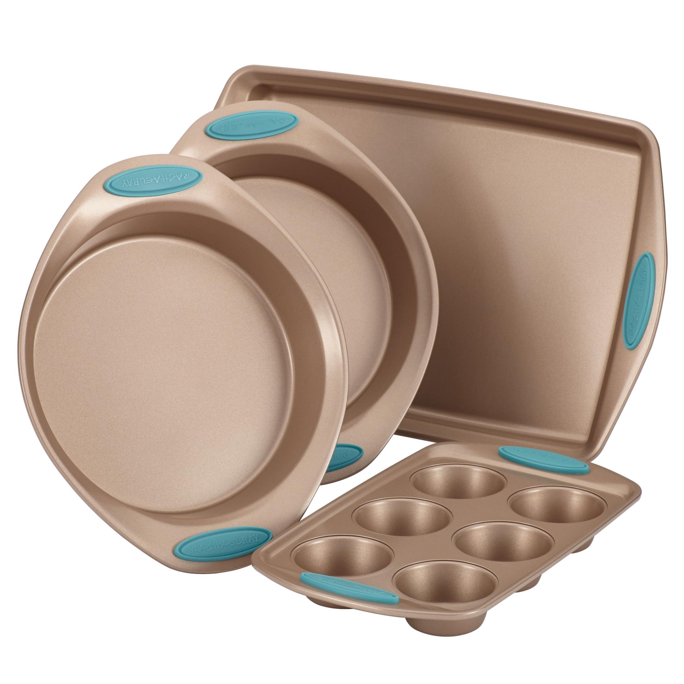 Latte Brown Nonstick 4-Piece Bakeware Set with Agave Blue Grips