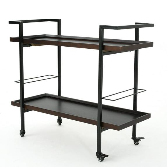 Gerard Industrial Wooden Bar Cart - Walnut - Christopher Knight Home: Rolling Beverage Cart, 2 Shelves, Metal Frame