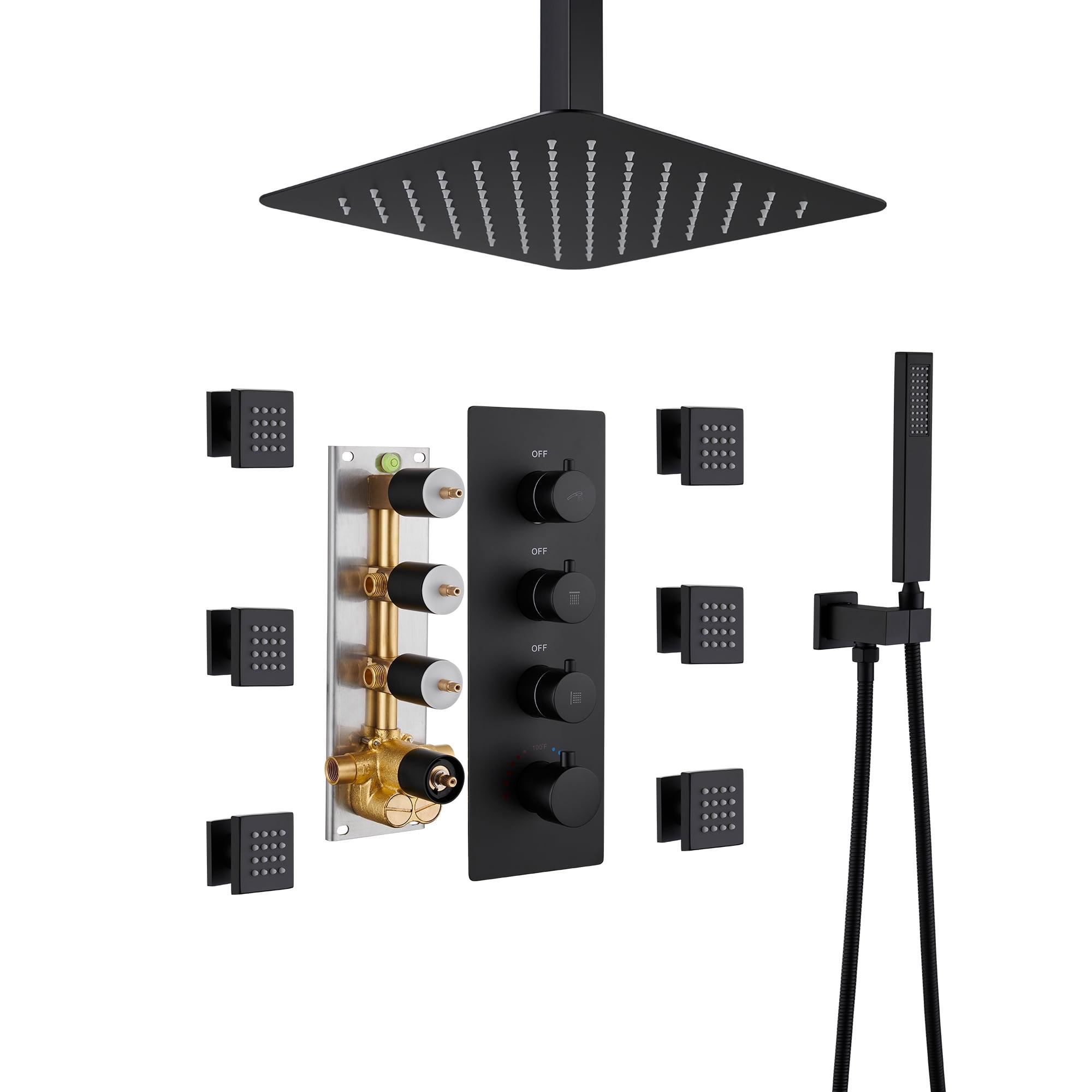 Matte Black Ceiling Mounted Shower System with Handheld and Body Jets