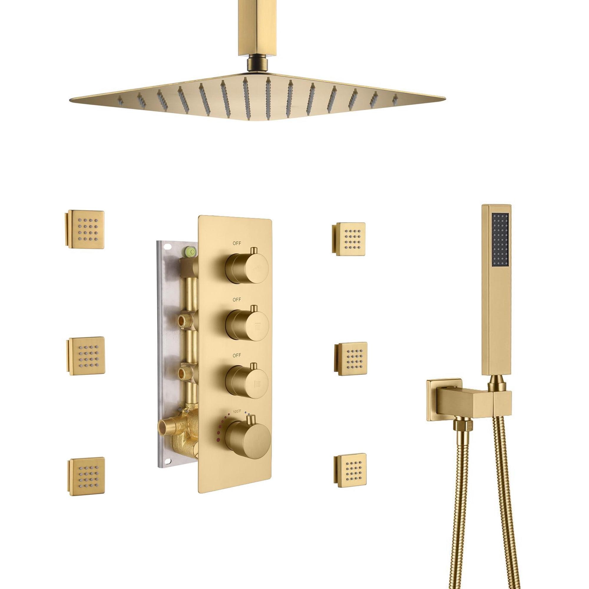 Brushed Gold Multi-Head Rain Shower System with Handheld and Jets