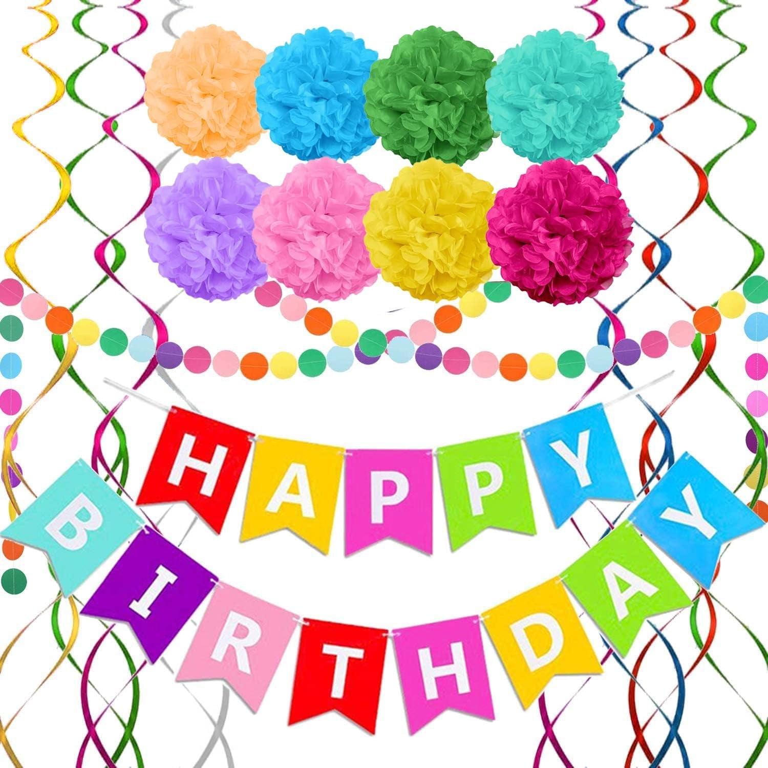 Rainbow Birthday Party Decoration Set with Pom Poms and Streamers