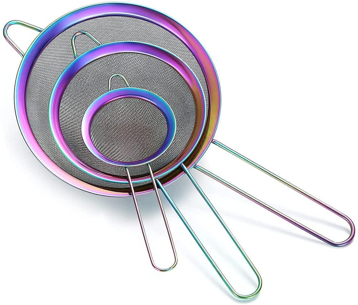 ReaNea Fine Mesh Strainer, Flour Sifter for Baking, Stainless Steel Colander, Tea Strainer Set of 3 (Rainbow)
