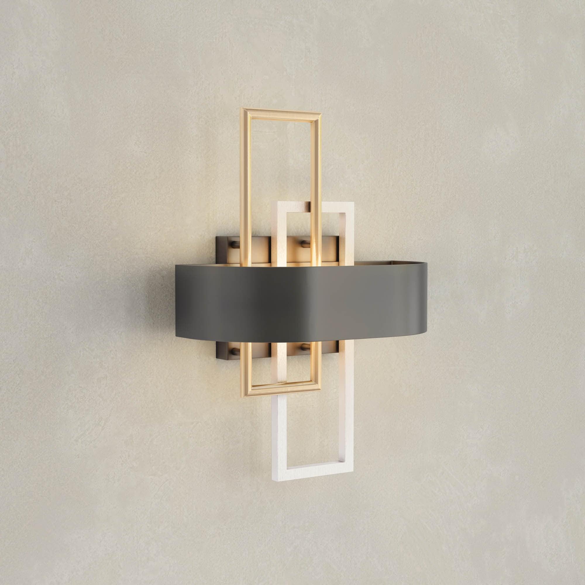 Progress Lighting Adagio 2-Light Wall Sconce, Black, Geometric Pattern, Steel, Damp Rated, Brushed Silver and Brass Accents