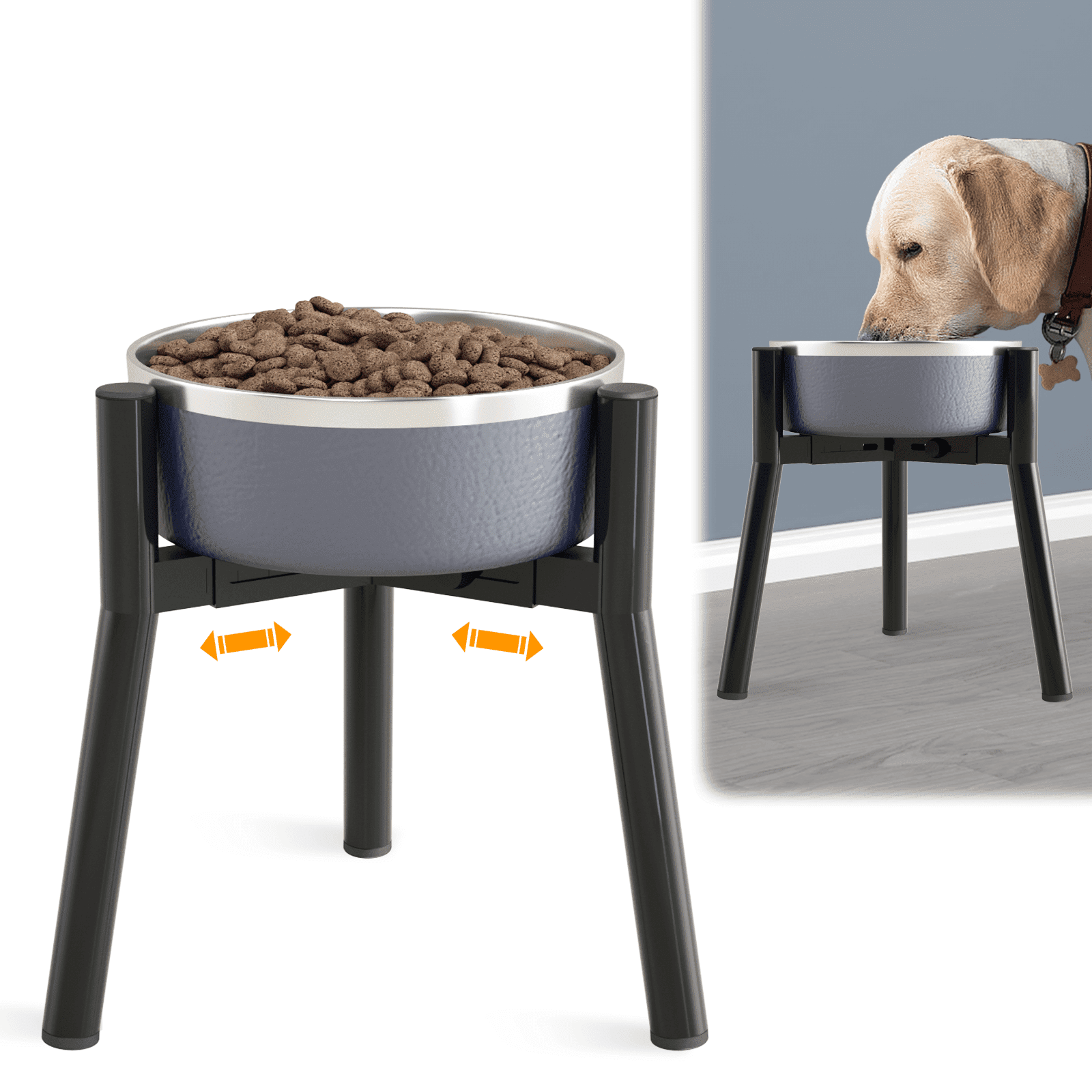 Adjustable Black Metal Elevated Dog Bowl Stand for Large Breeds