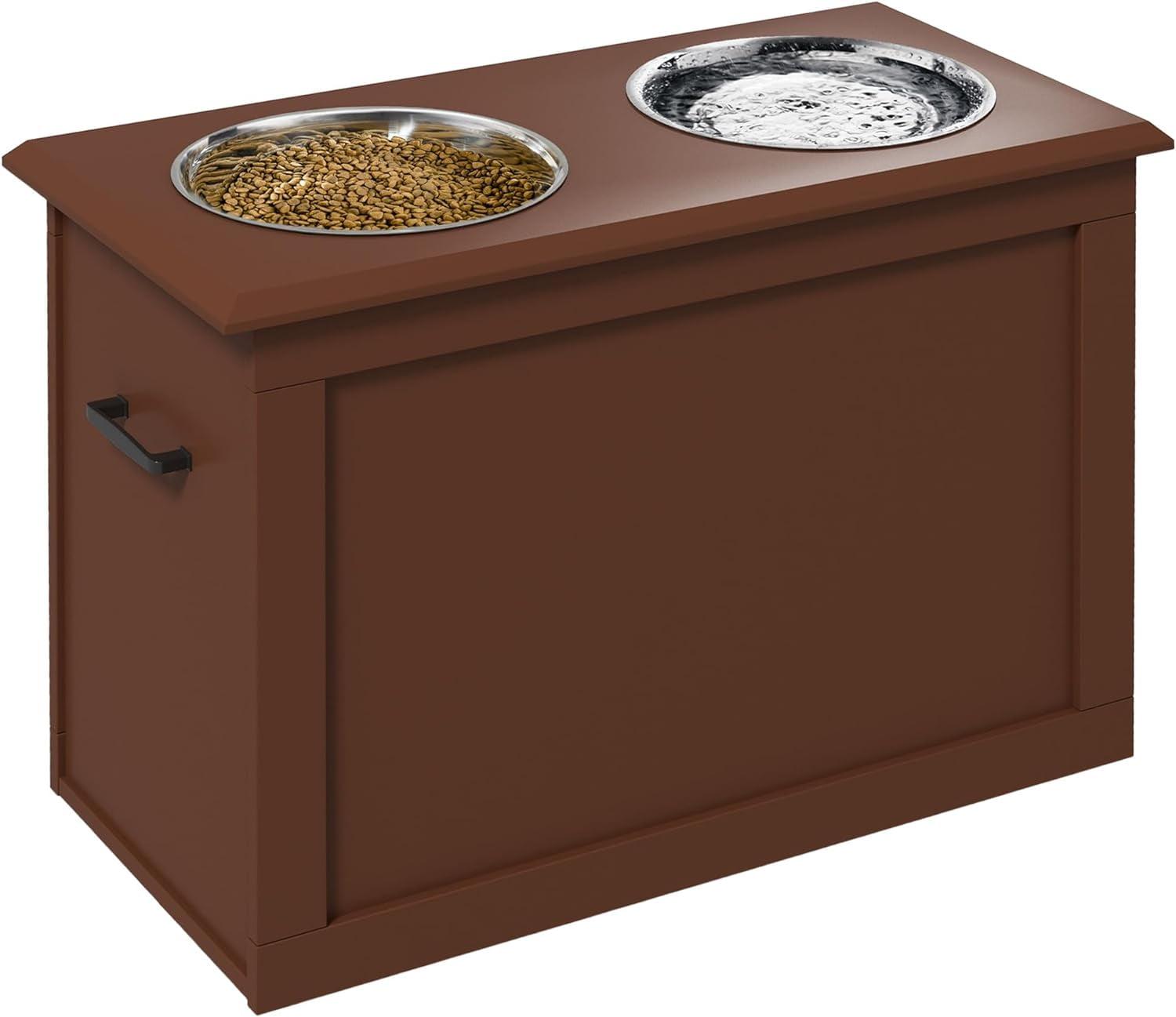 Raised Pet Feeding Storage Station with 2 Stainless Steel Bowls Base for Large Dogs and Other Large Pets, Brown