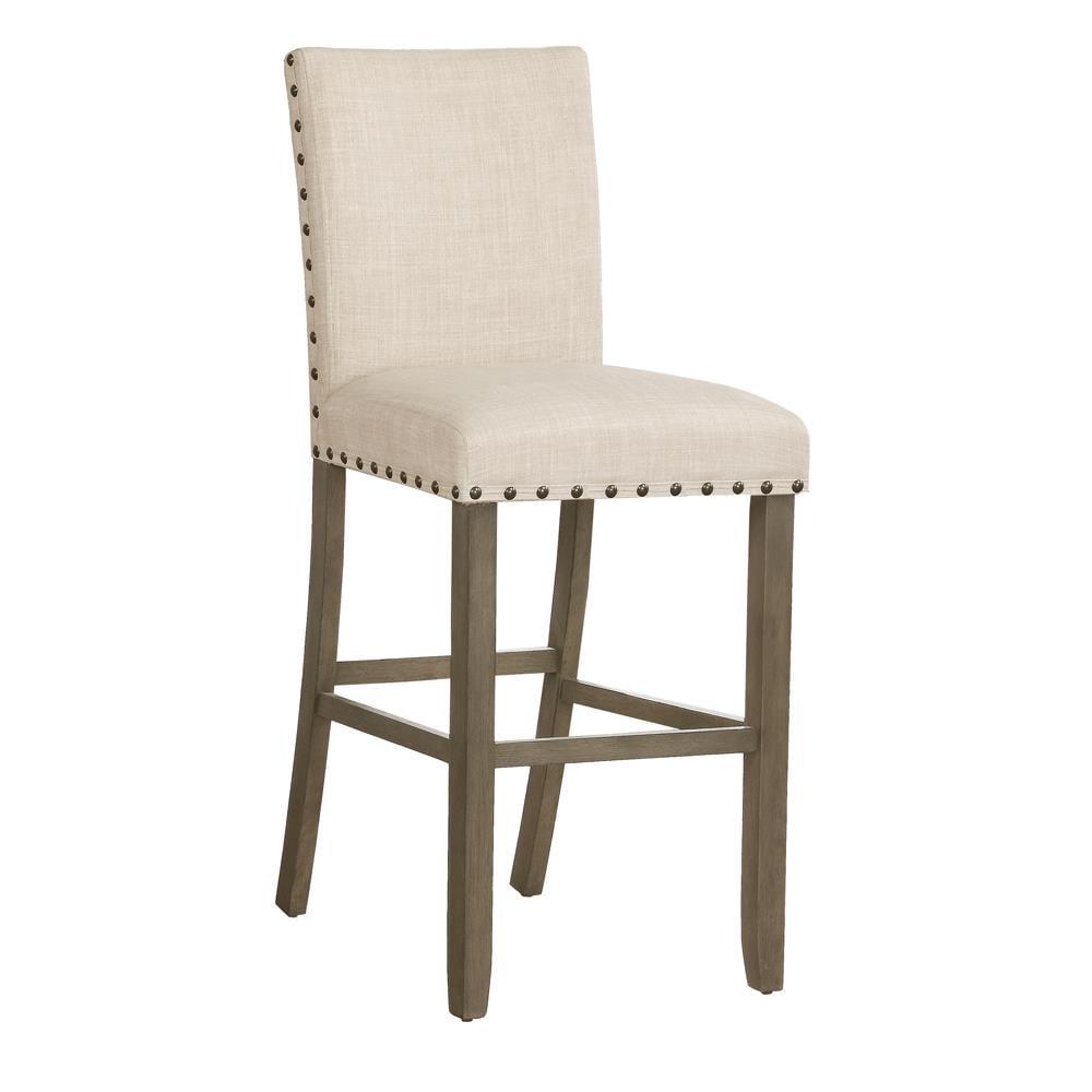 Beige Upholstered Bar Stools with Nailhead Trim, Set of 2