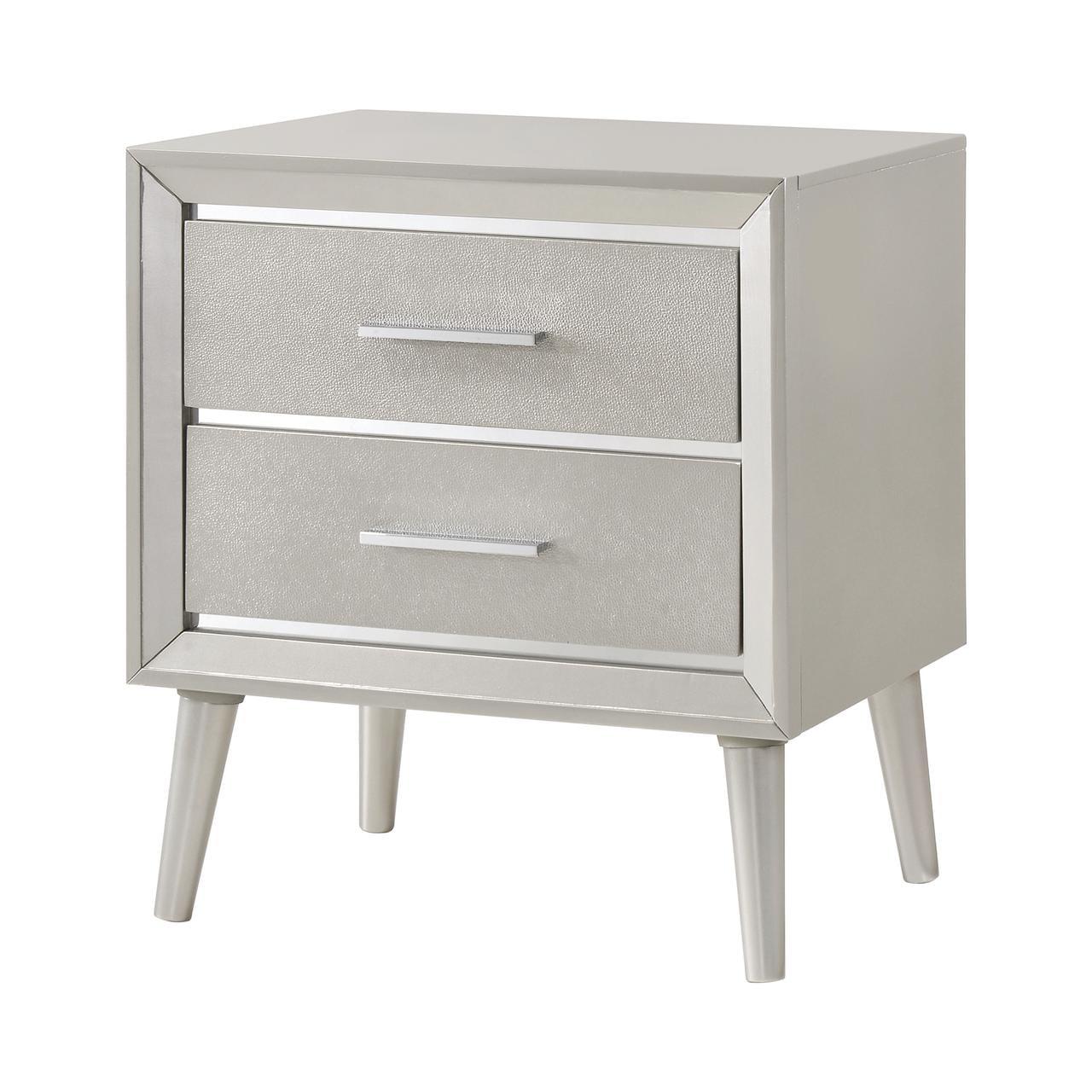 Elegant Transitional 2-Drawer Nightstand in Metallic Silver with Tapered Legs