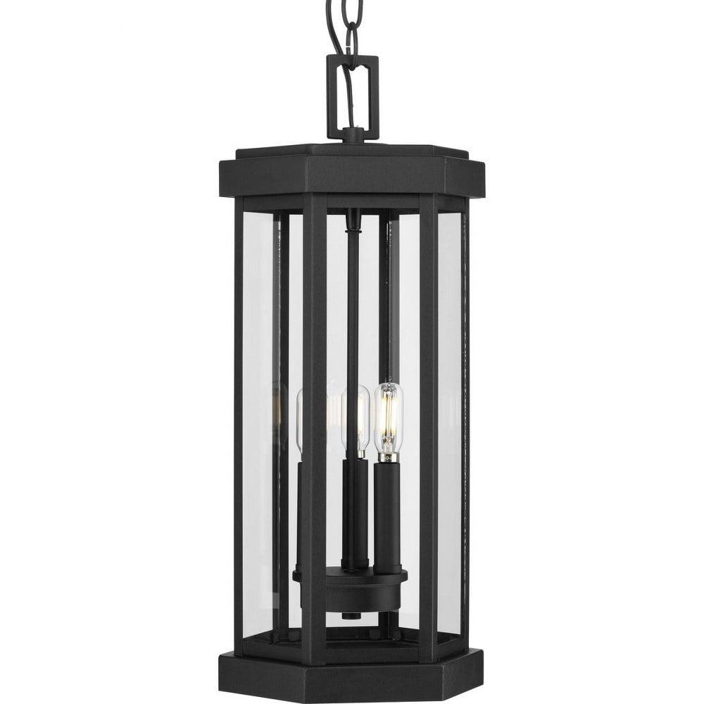 Ramsey Black Steel 3-Light Outdoor Hanging Lantern with Clear Glass Panels