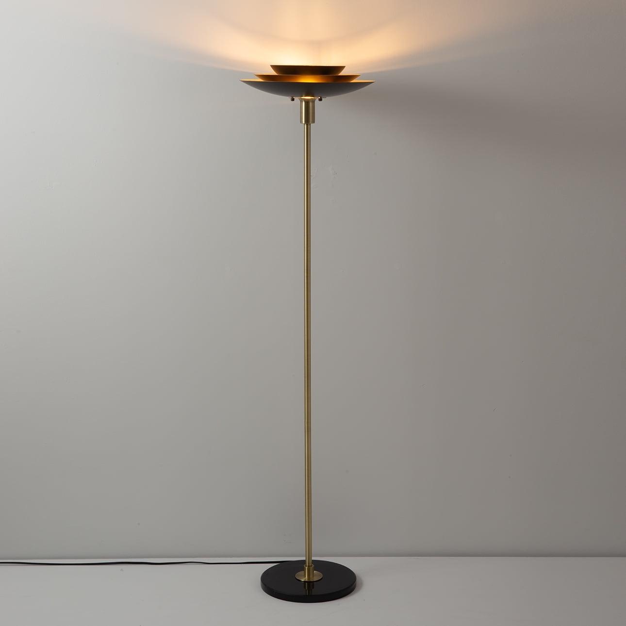 Rancho Mirage Torchiere Floor Lamp - Matte Black & Gold-Leaf Shade,Weathered Brass,Black Marble Base