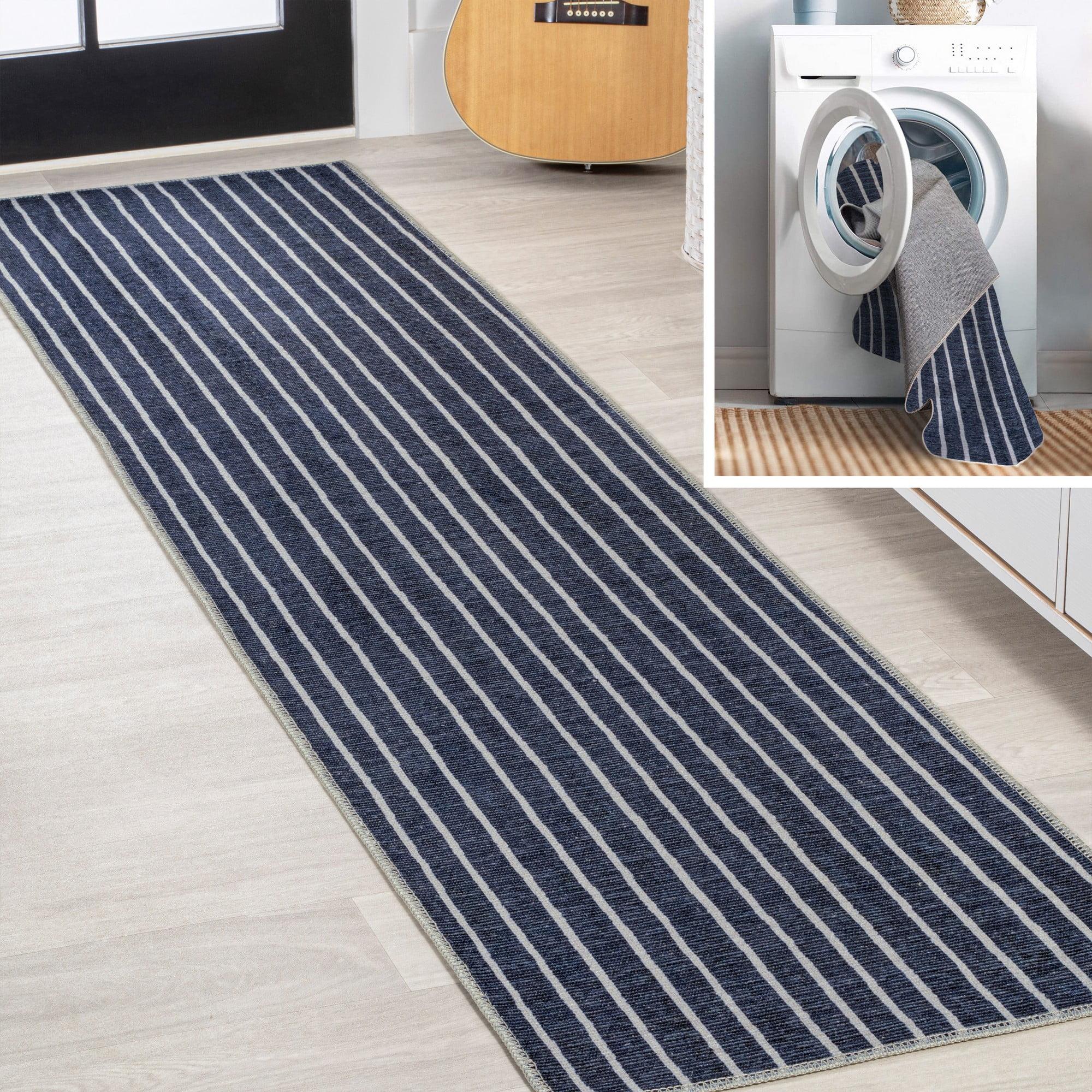 Gray and Navy Striped Machine-Washable Runner Rug