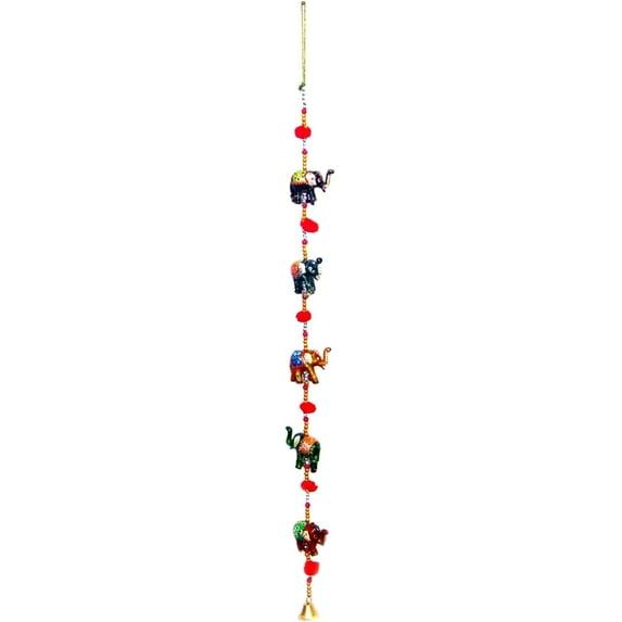 Rastogi Handicrafts Decorative Hanging Five Hand Painted Multi Color Resin Elephant with Beads and Brass Bell Size-76 cm