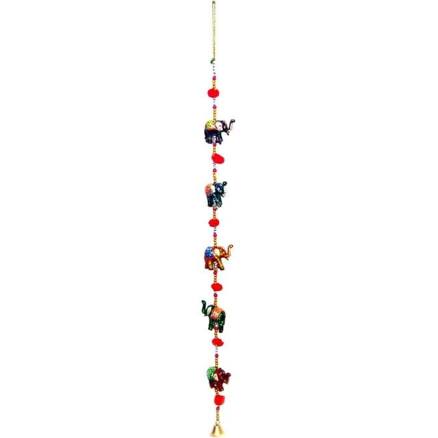Rastogi Handicrafts Decorative Hanging Five Hand Painted Multi Color Resin Elephant with Beads and Brass Bell Size-76 cm