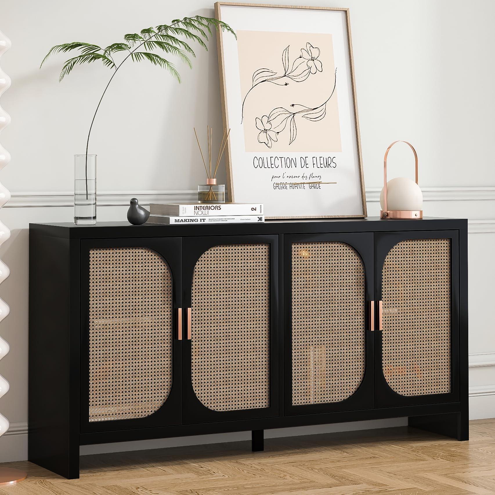 Furtivusia Rattan Sideboard, Accent Cabinet with Doors, Coffee Bar Cabinet with Adjustable Shelves for Kitchen, Living Room, Black