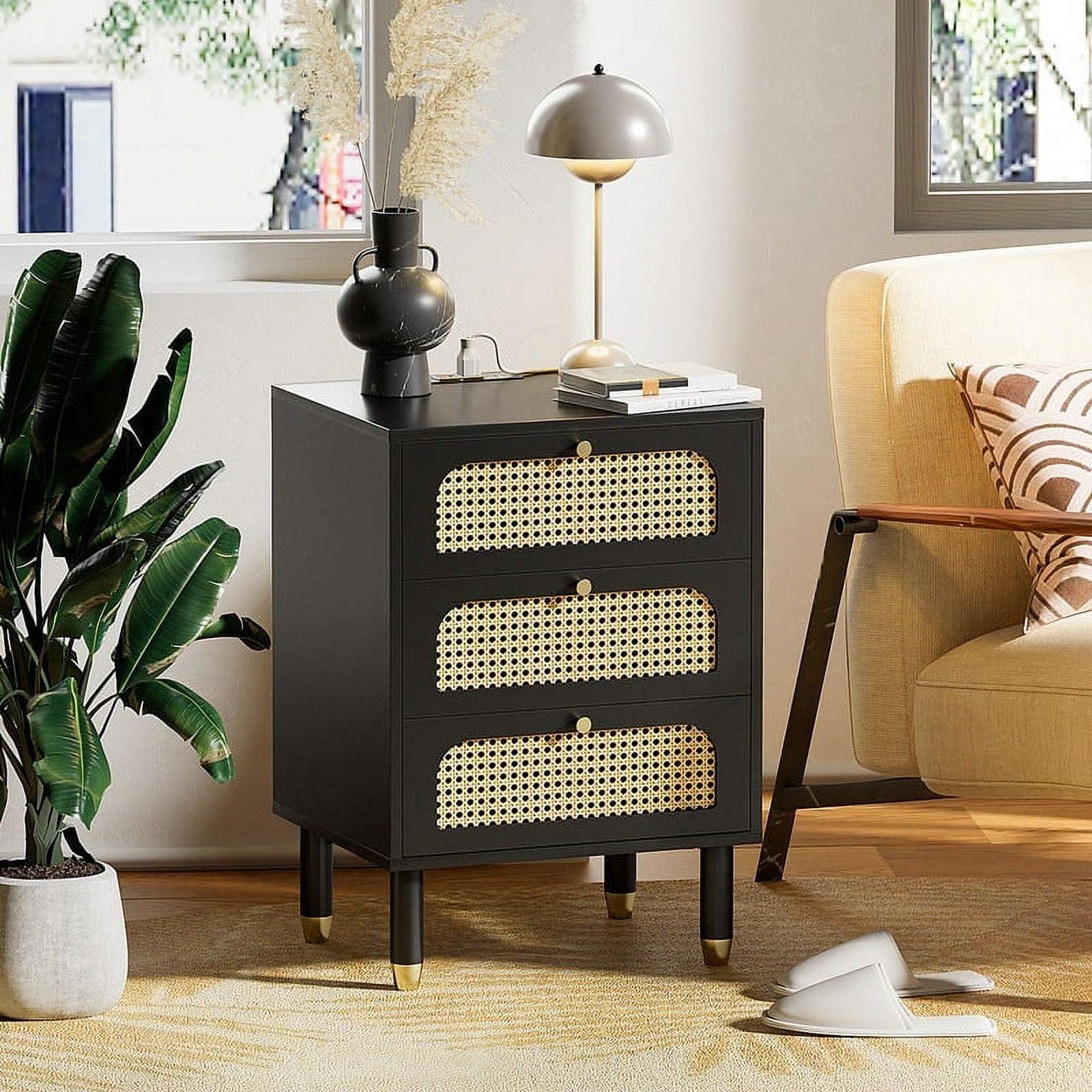 Black Rattan 3-Drawer Nightstand with Brass Accents