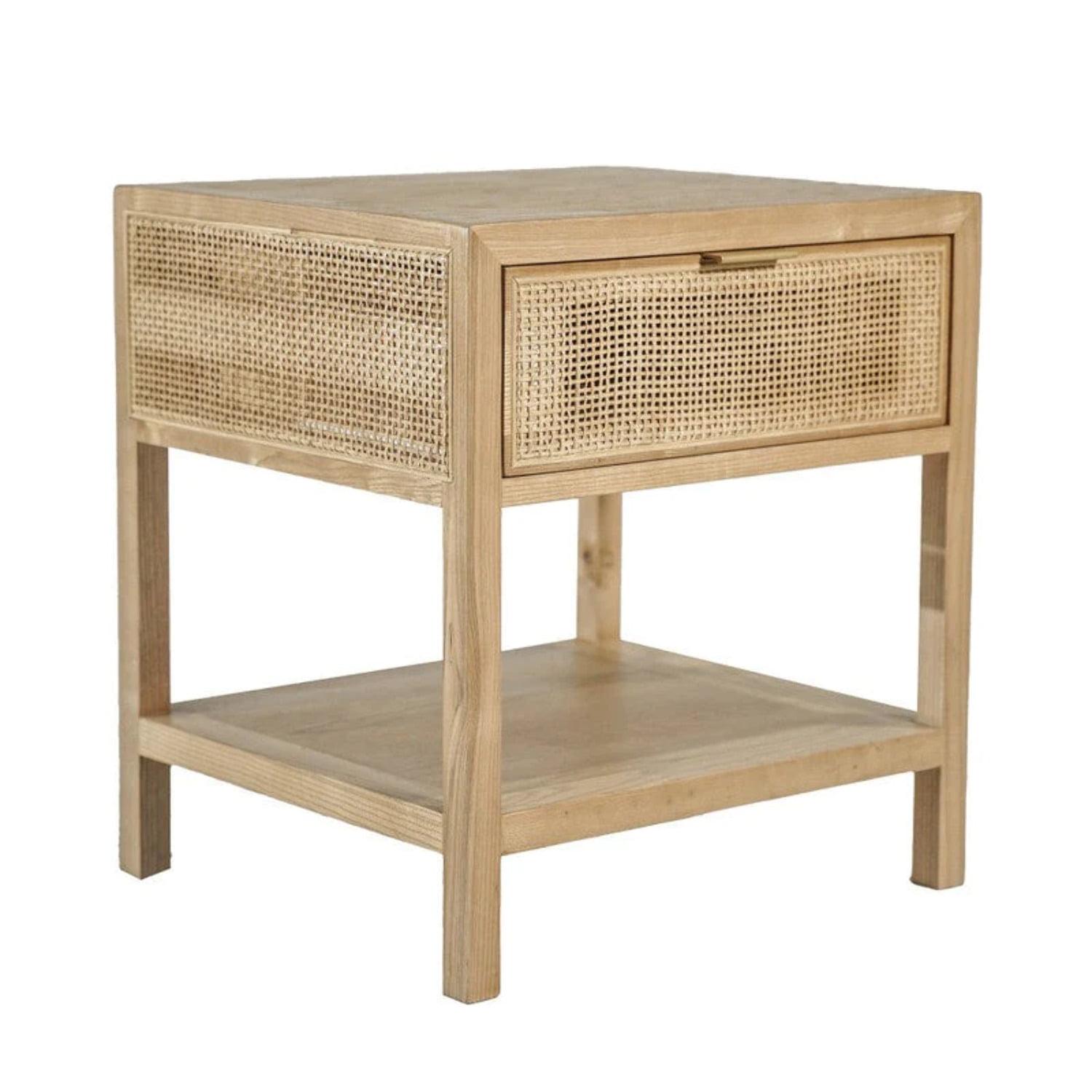 Natural Oak and Rattan Rectangular Side Table with Drawer