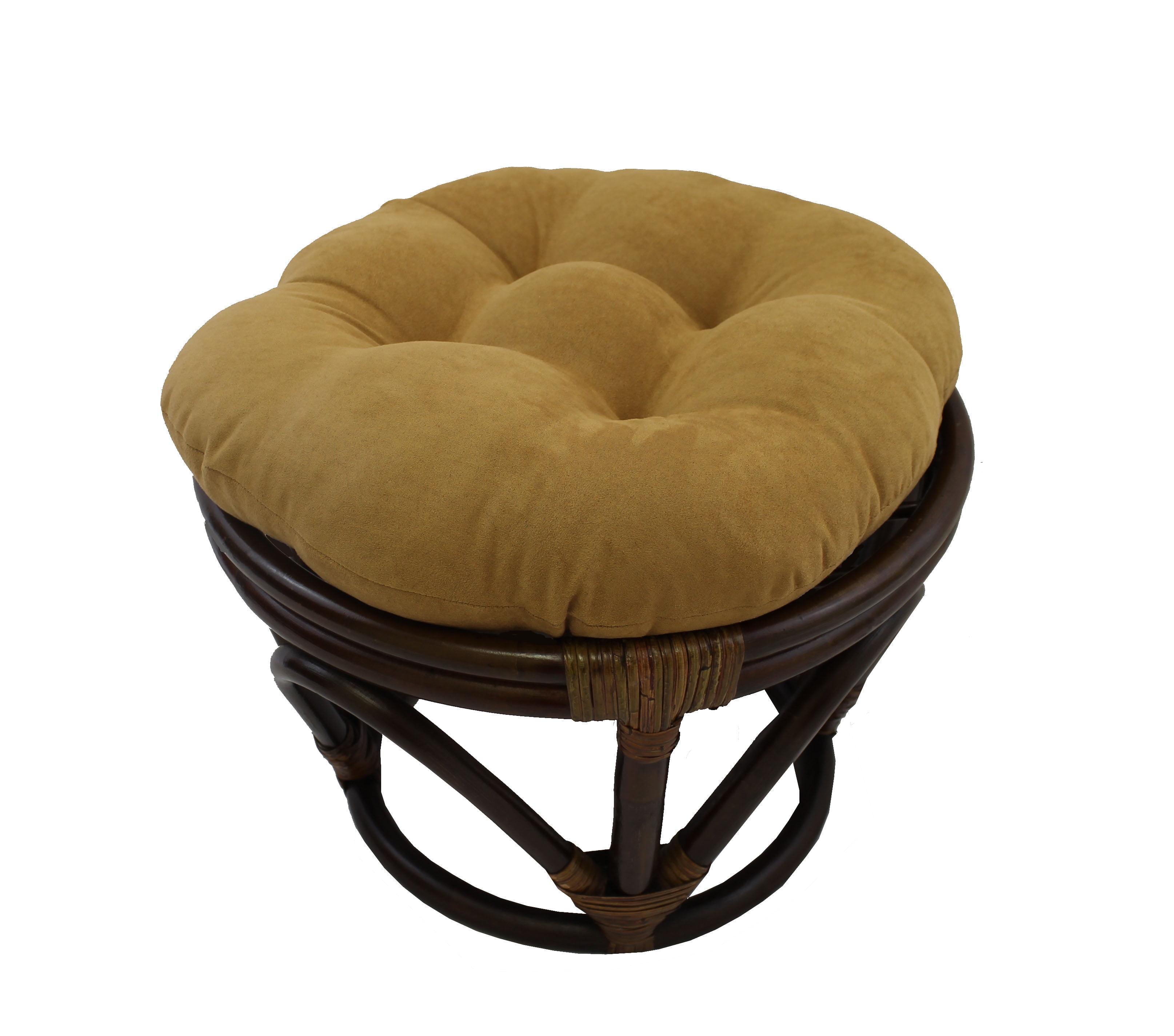 Bohemian Walnut Finish Tufted Round Rattan Ottoman with Microsuede Cushion