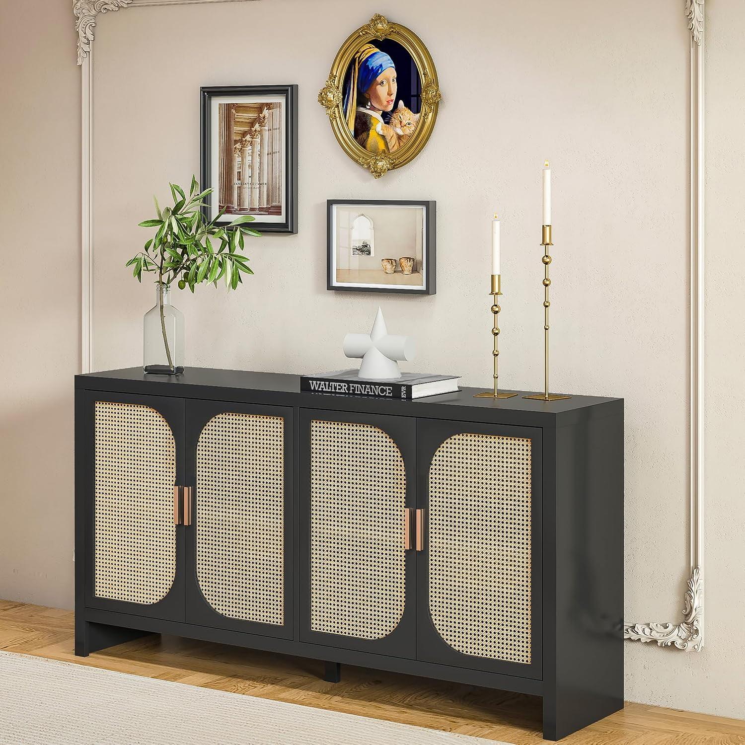 Furtivusia Rattan Sideboard, Accent Cabinet with Doors, Coffee Bar Cabinet with Adjustable Shelves for Kitchen, Living Room, Black