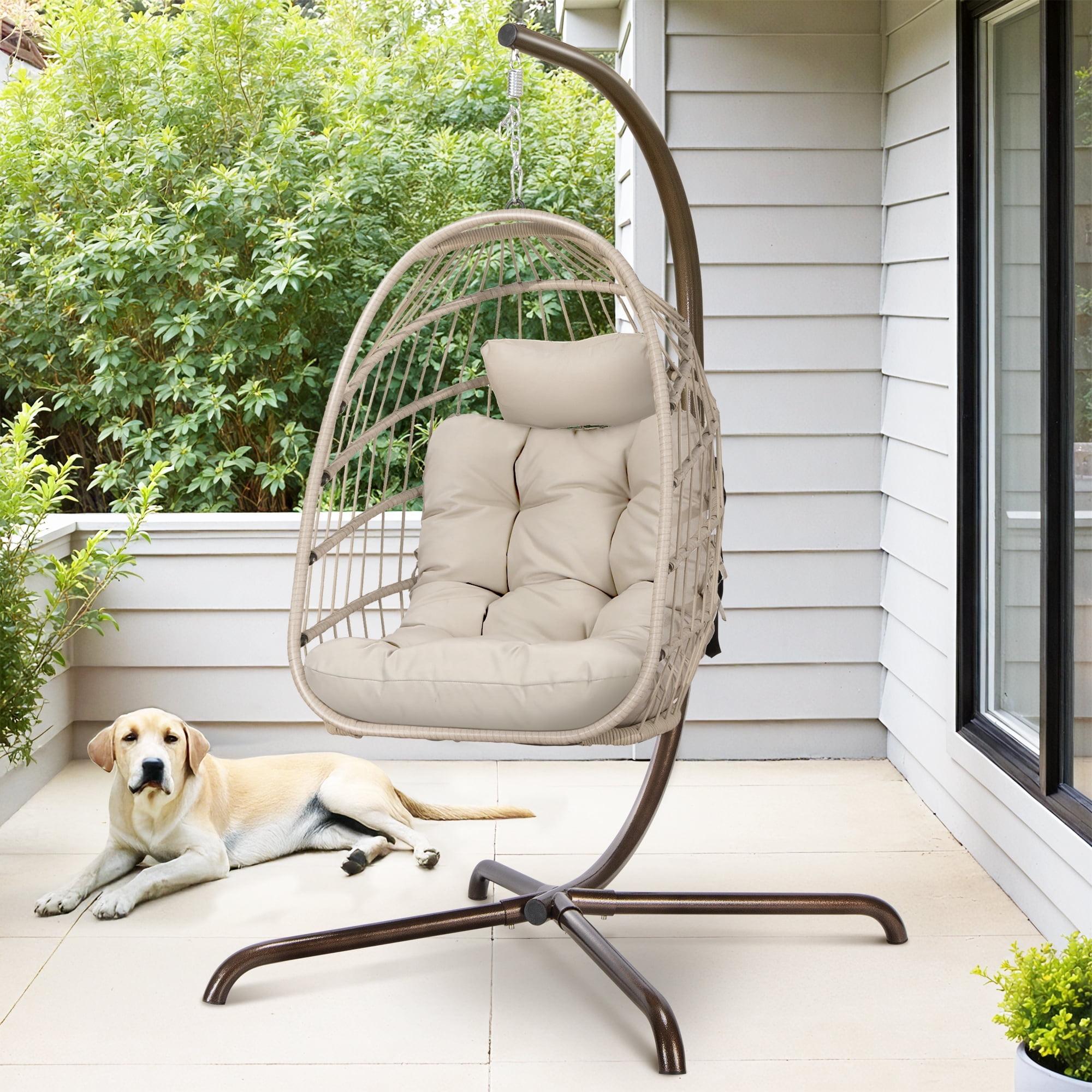 RADIATA Outdoor Foldable Hanging Egg Chair with Stand, PE Wicker Swing Chair with Cushion and Headrest, 350 lbs Capacity, Beige