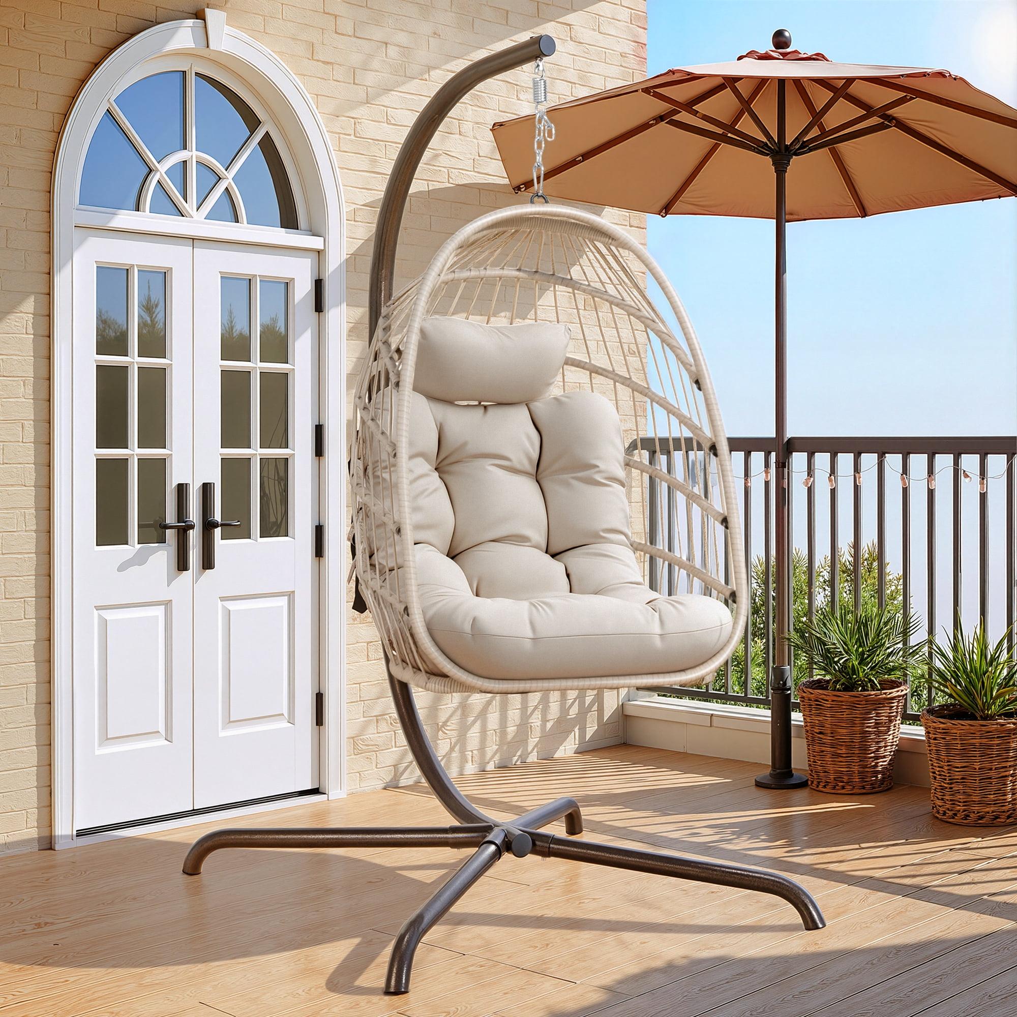 RADIATA Outdoor Foldable Hanging Egg Chair with Stand, PE Wicker Swing Chair with Cushion and Headrest, 350 lbs Capacity, Beige