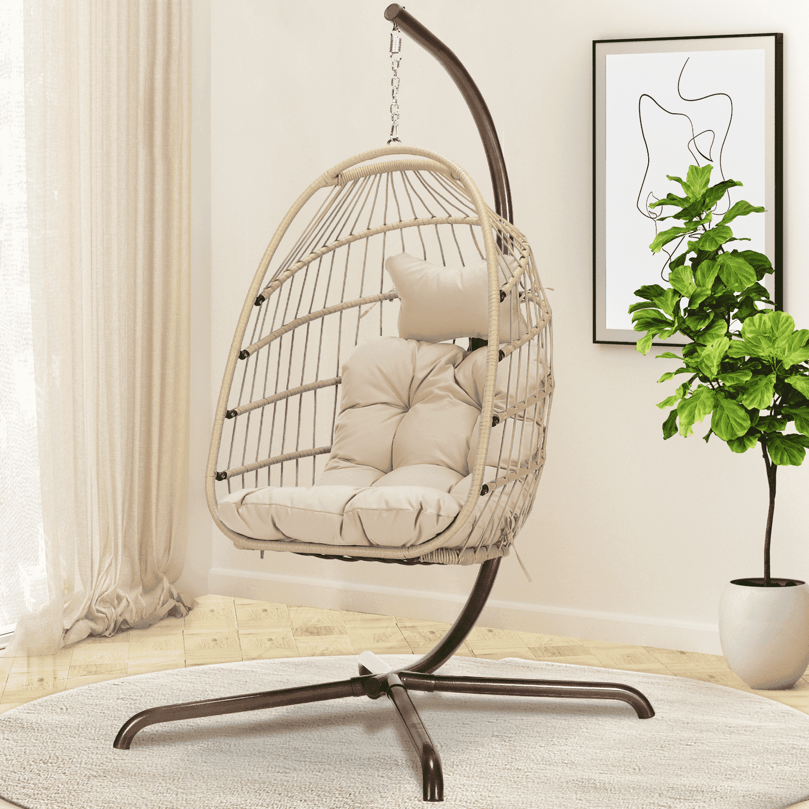 RADIATA Outdoor Foldable Hanging Egg Chair with Stand, PE Wicker Swing Chair with Cushion and Headrest, 350 lbs Capacity, Beige