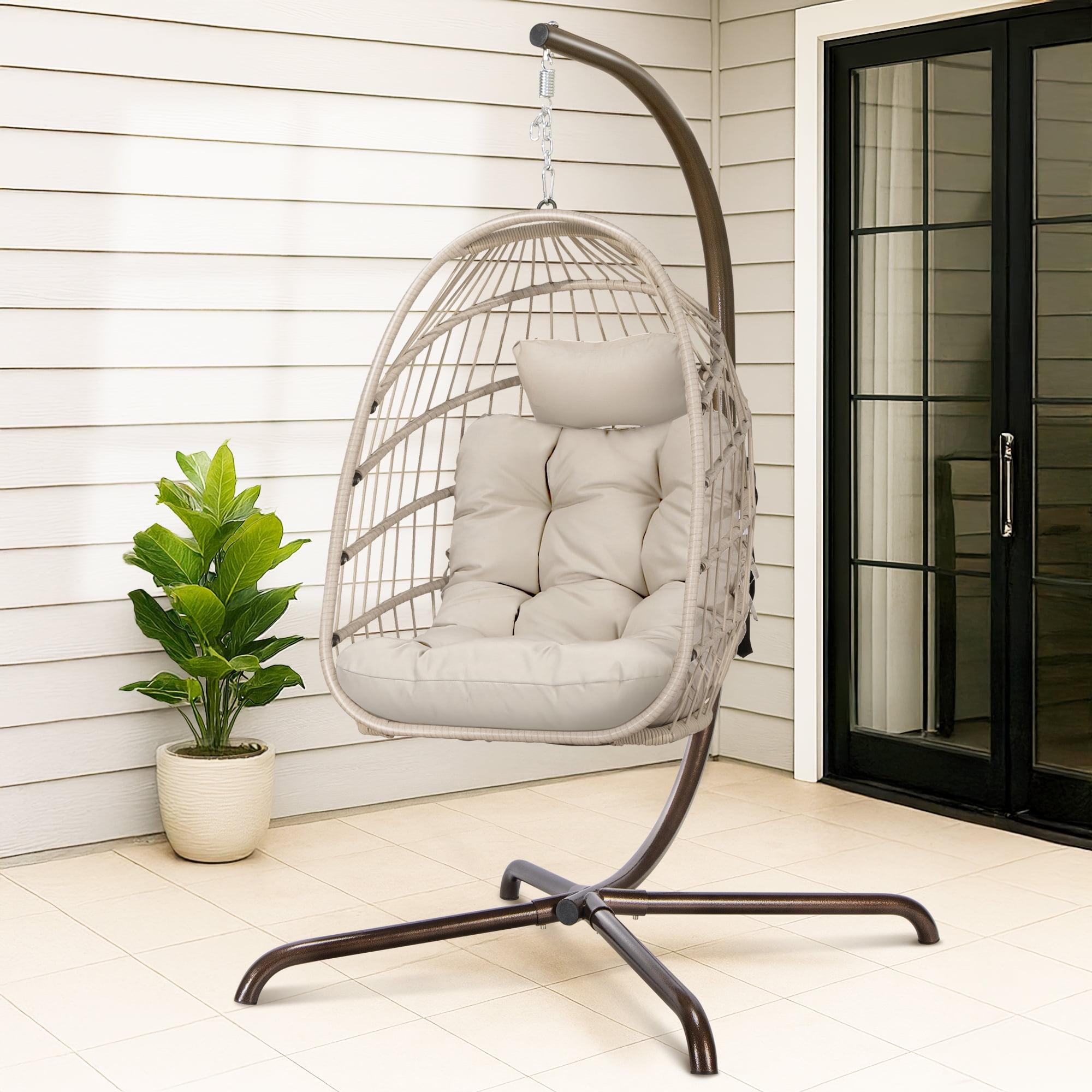 RADIATA Outdoor Foldable Hanging Egg Chair with Stand, PE Wicker Swing Chair with Cushion and Headrest, 350 lbs Capacity, Beige