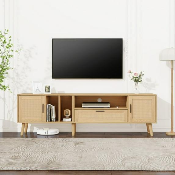 Whisen Rattan-inspired Entertainment Center TV Stand for TVs up to 80'' with 2 Cabinets and 2 Open Shelves