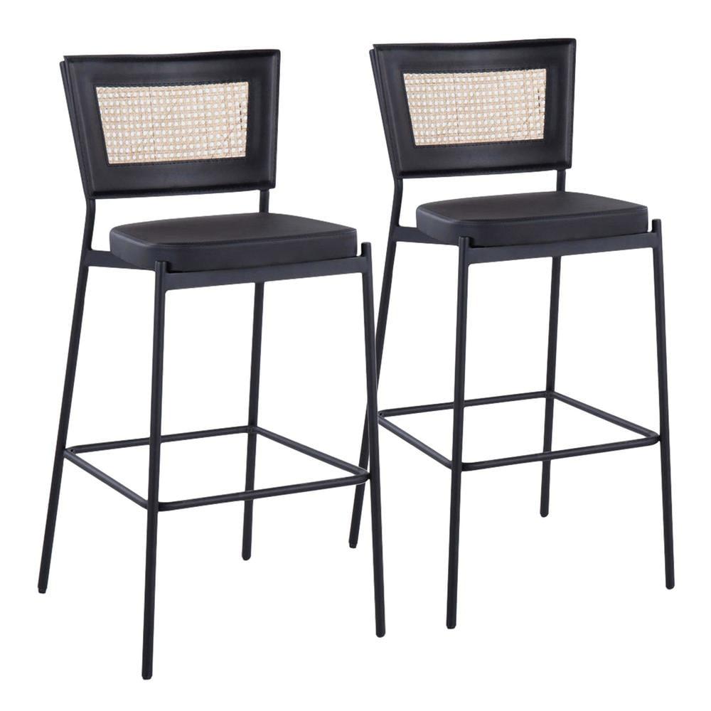 Rattan Tania Contemporary Bar Stool In Black Metal, Black Faux Leather, And Rattan Back - Set Of 2
