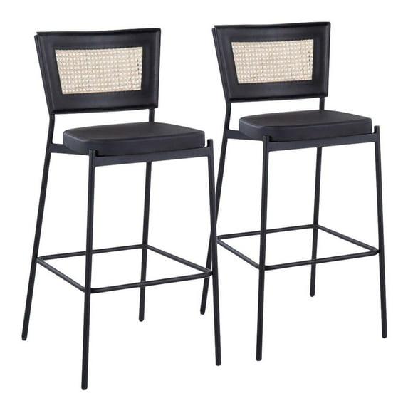 Rattan Tania Contemporary Bar Stool In Black Metal, Black Faux Leather, And Rattan Back - Set Of 2