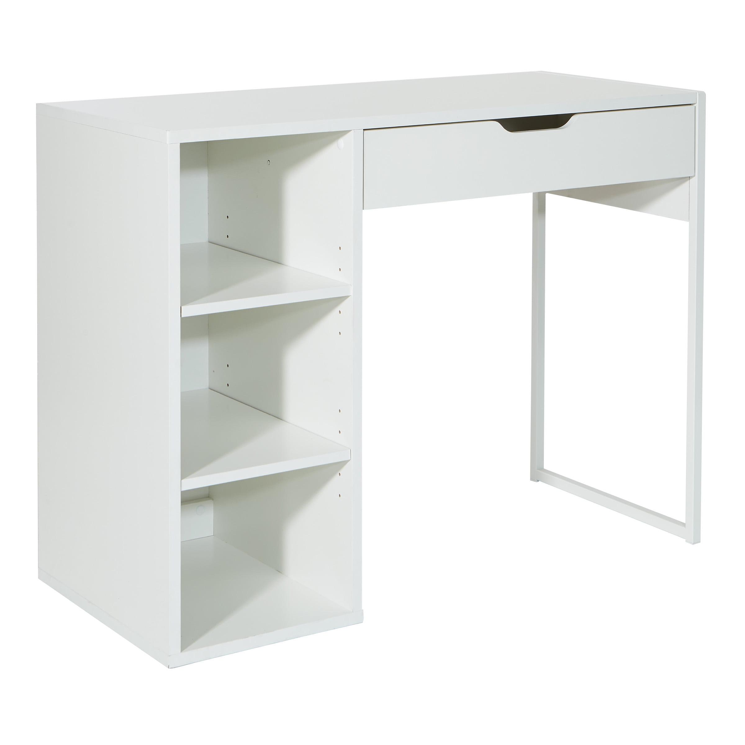 Contemporary White Wood Desk with Drawer and Adjustable Shelves