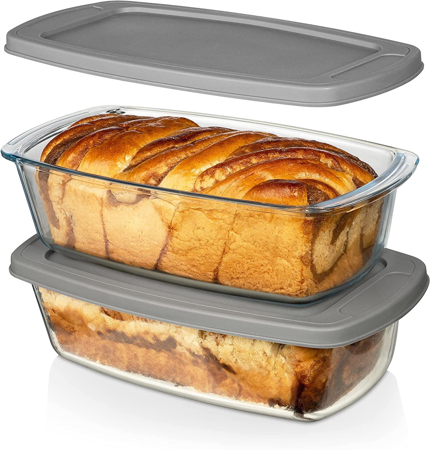 Large Rectangular Glass Loaf Pan with Gray Lids, Set of 2