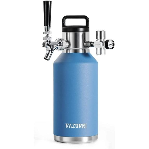 Razorri Engorde de Cerveza de Acero Inoxidable de 64 Oz, Barril Carbonatado con Aislamiento Al Vacío de Doble Pared con Grifo de Barra Profesional y Regulador de CO2 a Presión, 0,5 Galones, Azul Océano