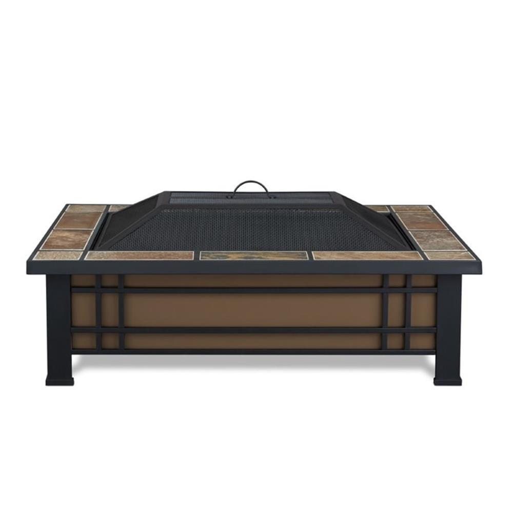 Hamilton Rectangle Wood Burning Fire Pit Brown - Real Flame: Slate Top, Mission Style Frame, Spark Screen & Cover