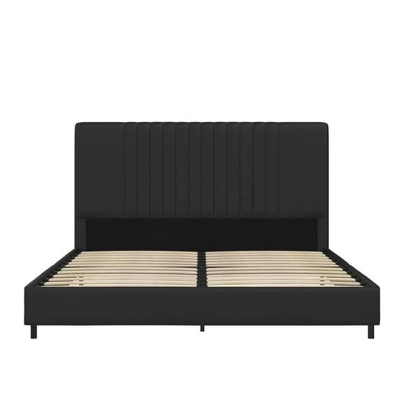 RealRooms Rio Faux Leather Upholstered Platform Bed with Tufted Headboard, Full, Black