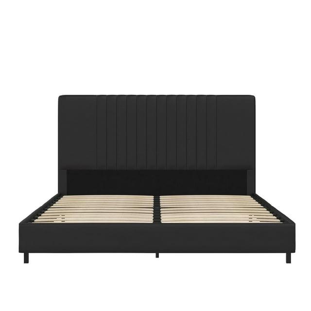 RealRooms Rio Faux Leather Upholstered Platform Bed with Tufted Headboard, Queen, Black
