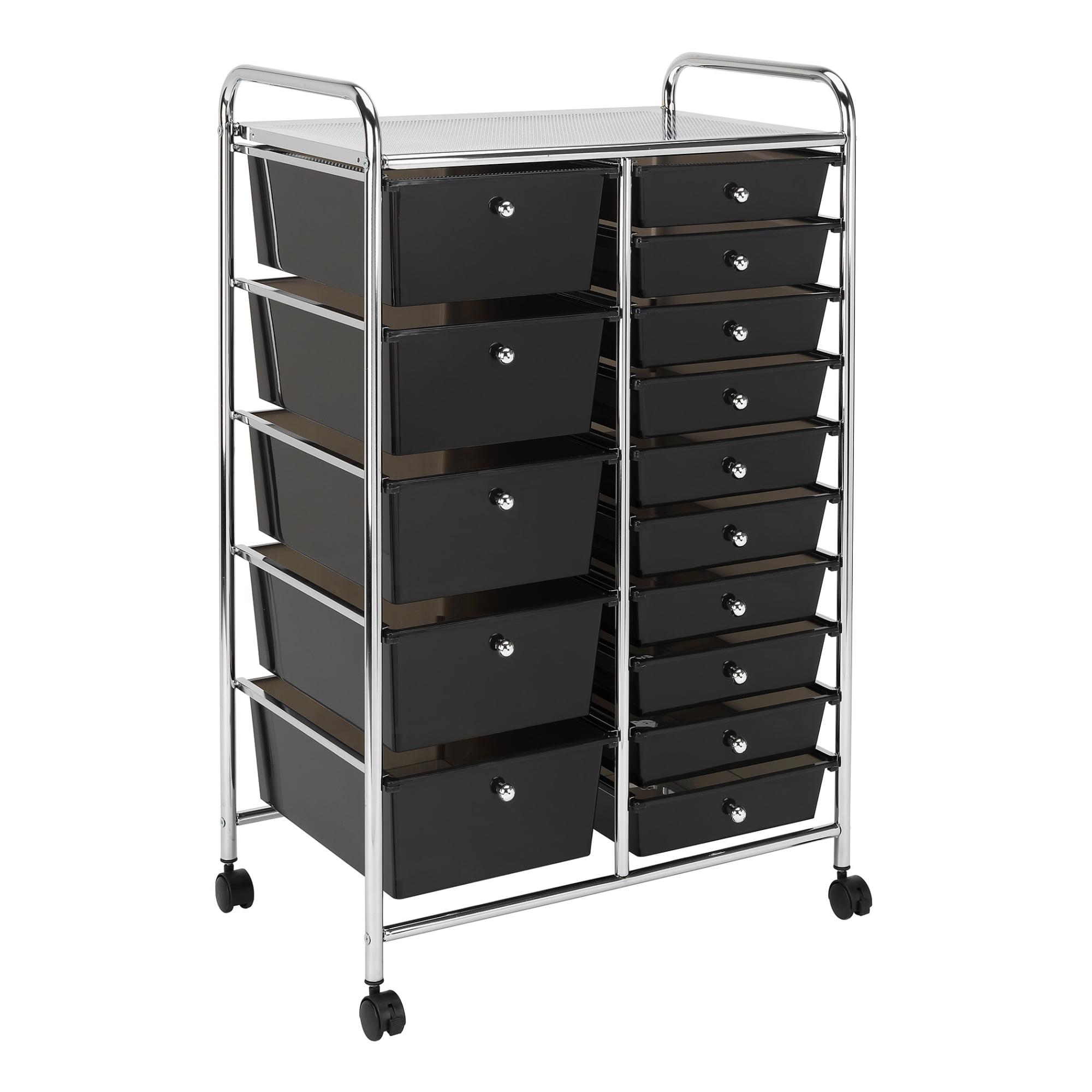 Black and Chrome 15-Drawer Mobile Organizer Cart