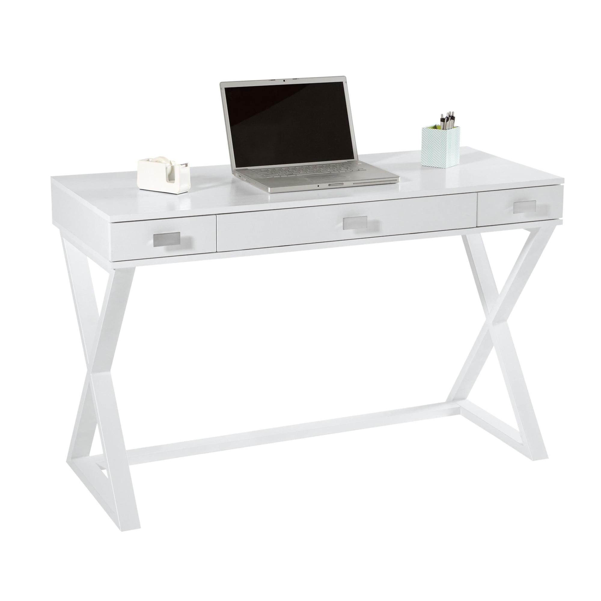 White Engineered Wood Writing Desk with Silver Hardware and Drawers