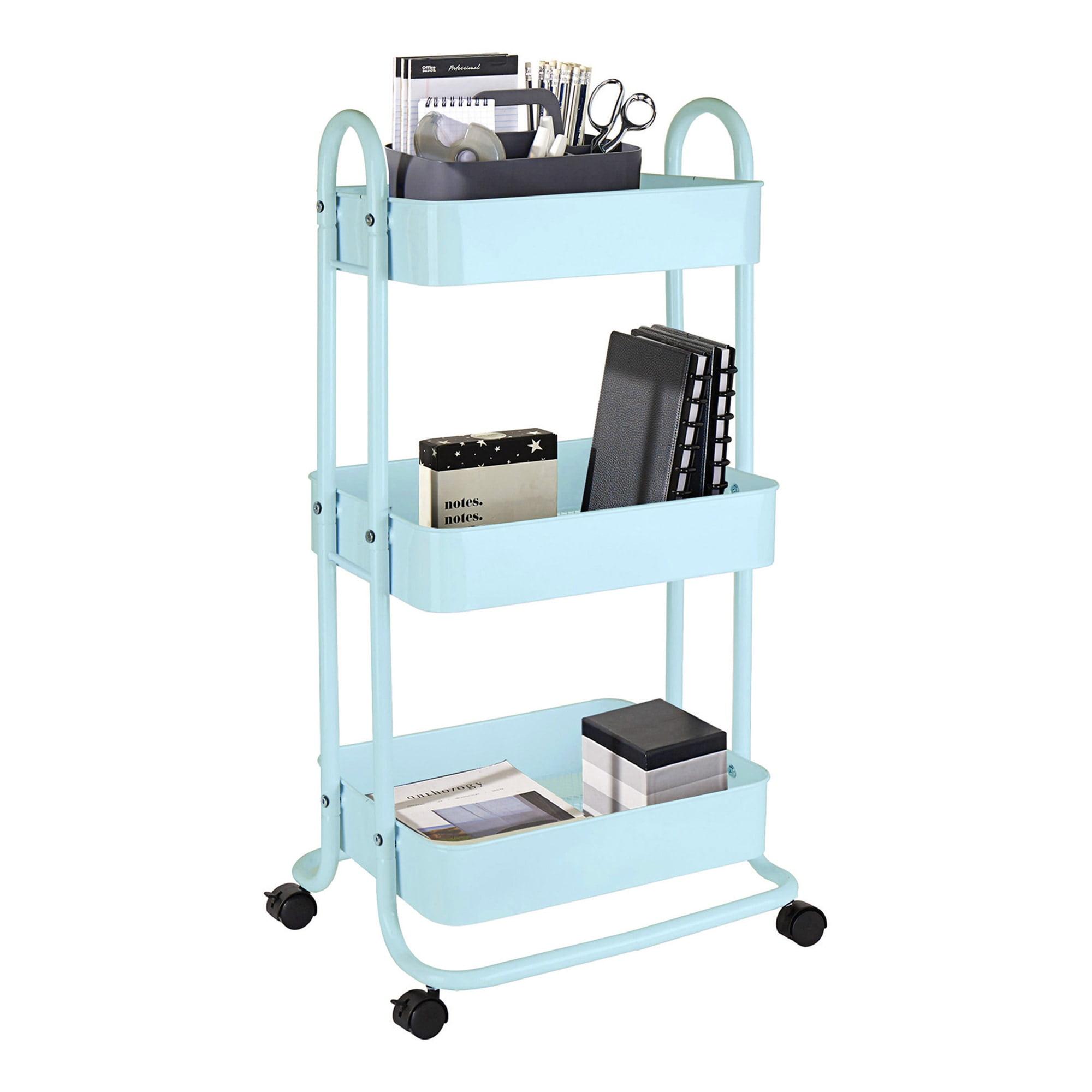 Light Blue Metal 3-Tier Rolling Storage Cart