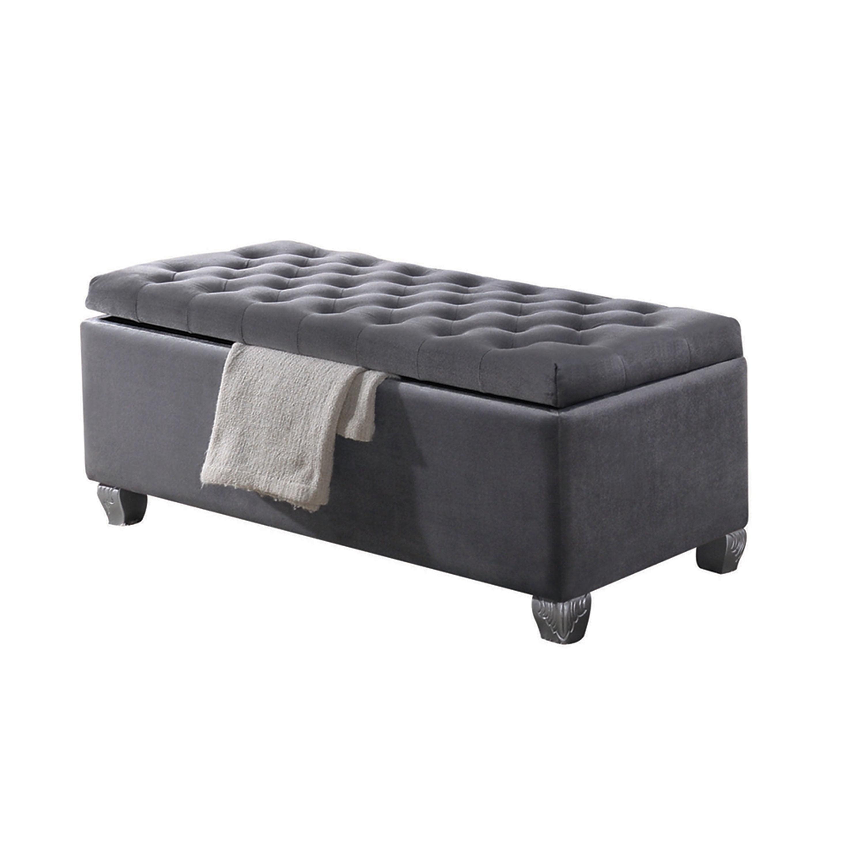 Elegant Gray Fabric Storage Bench with Button Tufted Cushion