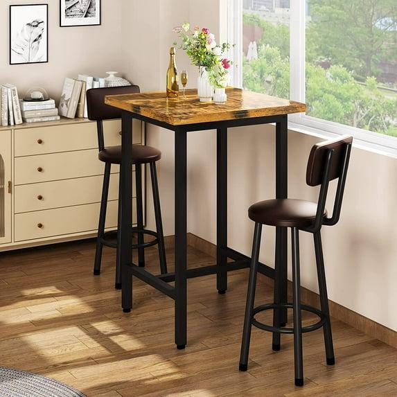 Rustic Brown Square Pub Table Set with Metal Frame and 2 Stools