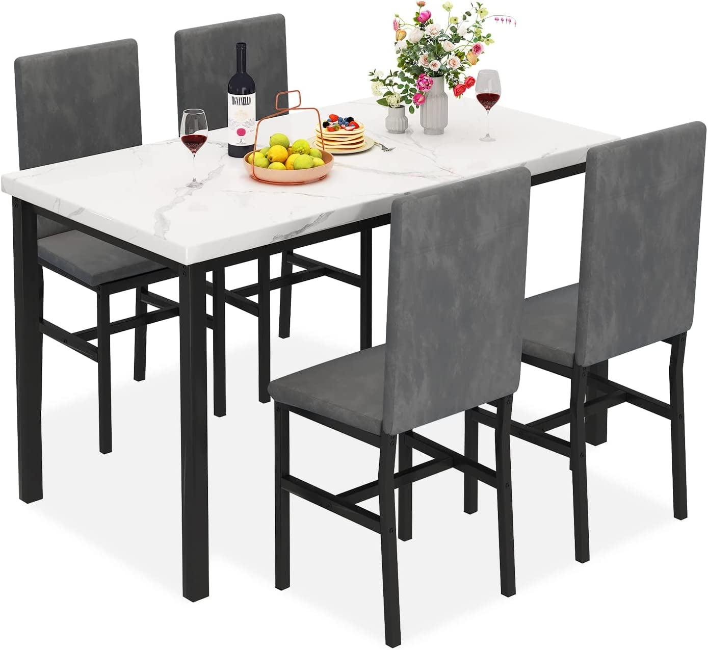 Recaceik 5-Piece Marble Dining Table Set with 4 Velvet Metal Frame Chairs for 4, 31.2"H Table