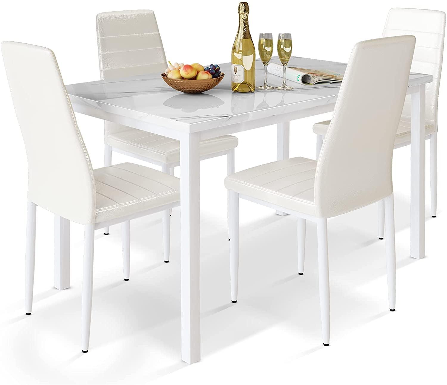 White Faux Marble Top Dining Table Set with Upholstered Chairs