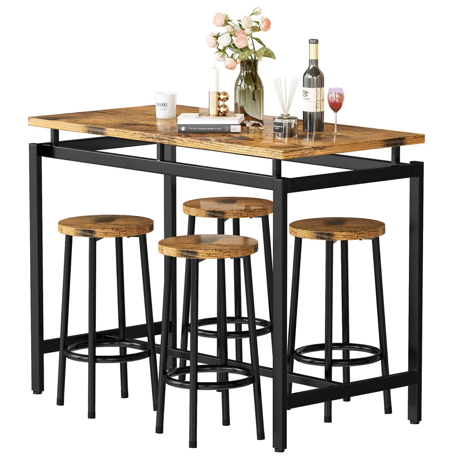 Rustic Brown Pub Table Set with 4 Round Stools