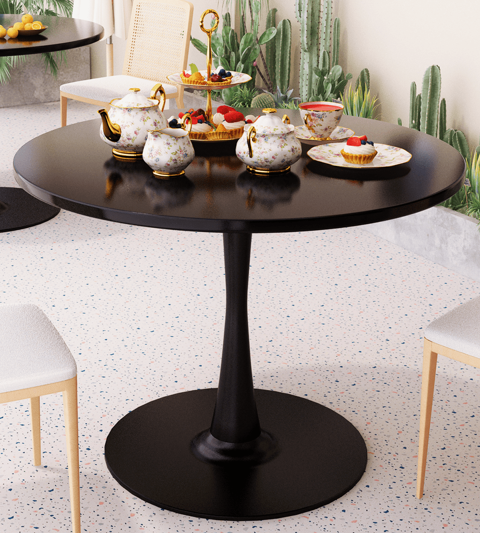 Black Round Mid-Century Modern Dining Table with Pedestal Base