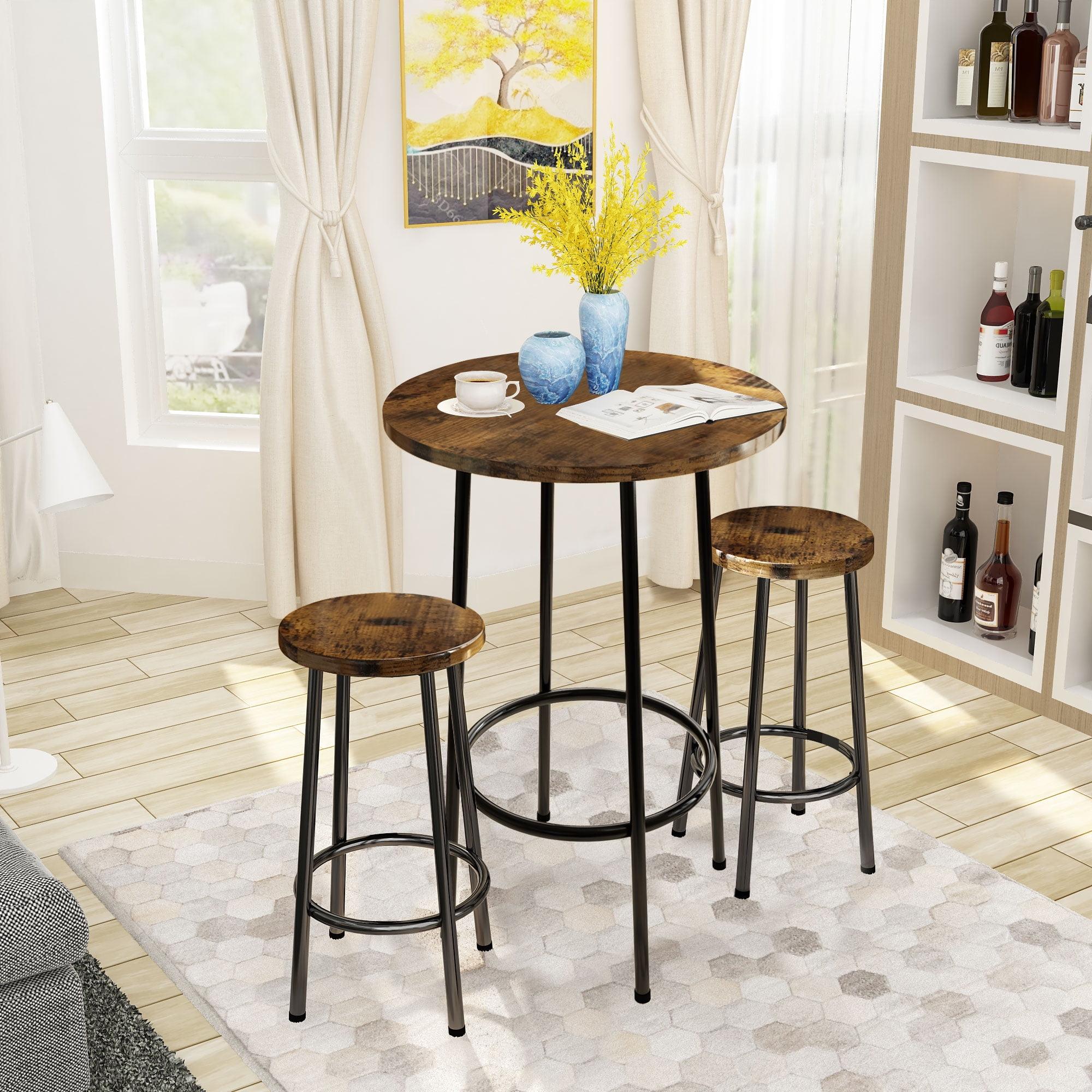 Recaceik 3 Pcs Wood Bar Set with 2 Stools, Round Wood Kitchen Table and Chairs, Brown