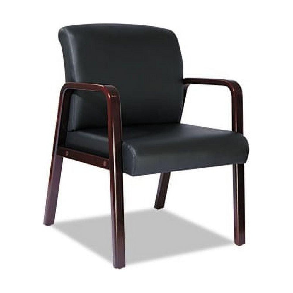 Elegant Mahogany Wood Guest Chair with Fixed Black Leather Arms