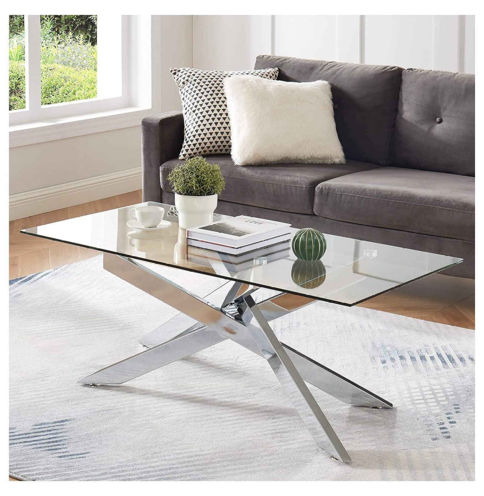 Rectangular Silver Glass Coffee Table with Metal Legs