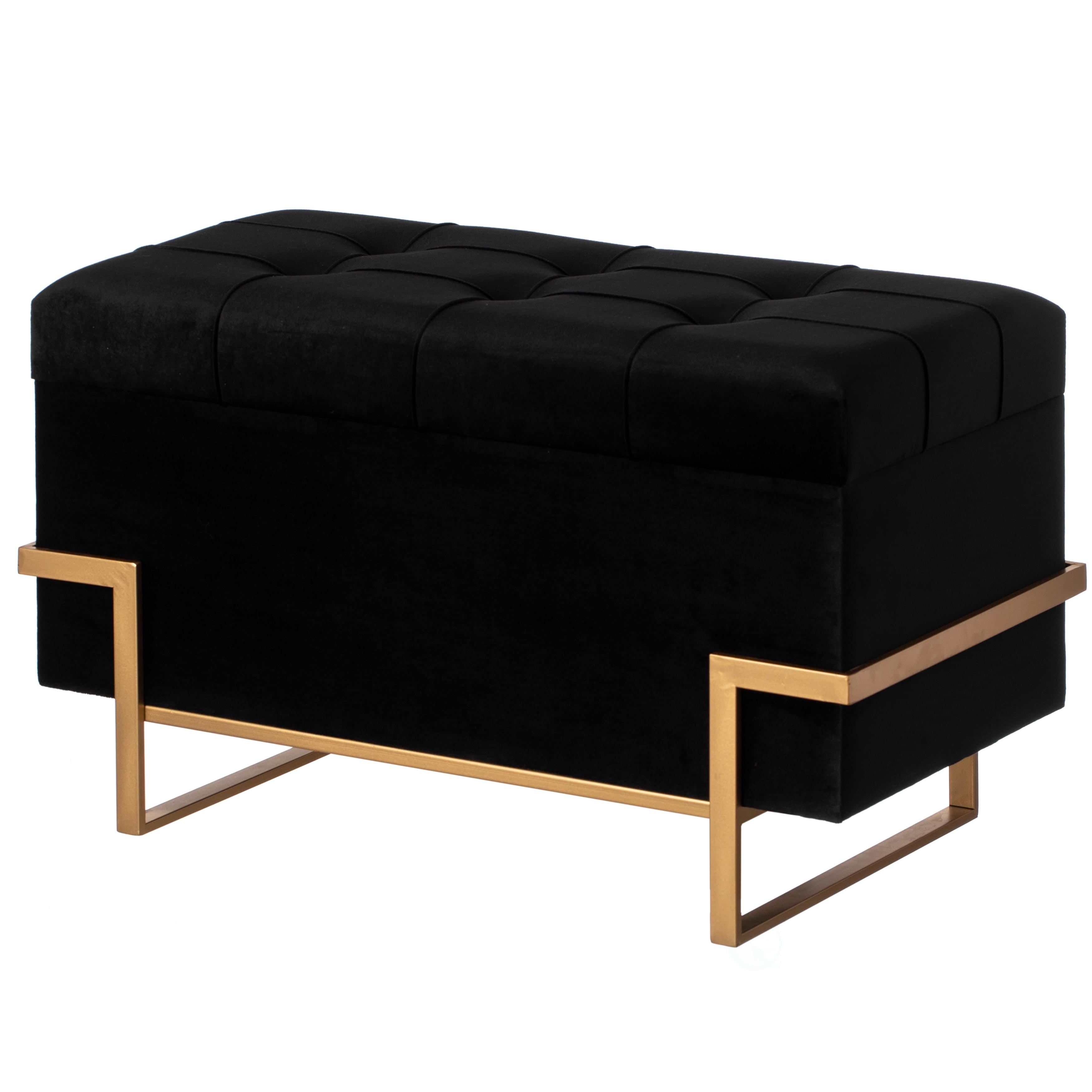 Fabulaxe Rectangle Velvet Storage Ottoman with Abstract Golden Legs | Sitting Bench for Living Room Home Decor with Unique Base Support (Black Large)