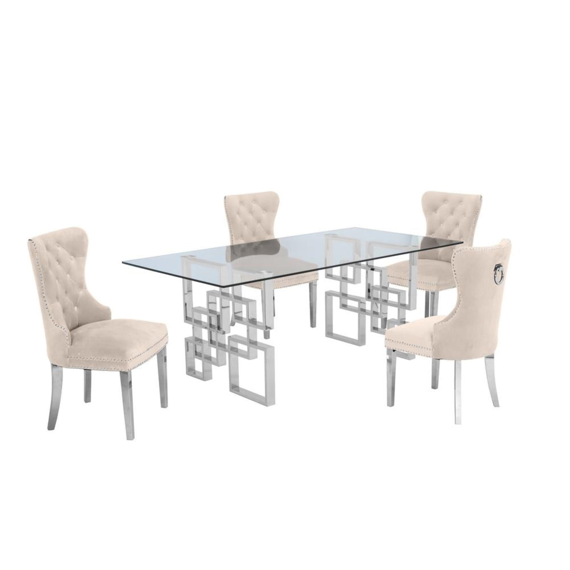 Rectangular Clear Glass 5pc Dining Set with Silver Stainless Steel Base