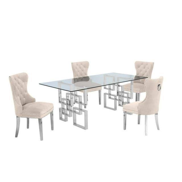 Rectangular Clear Glass 5pc Dining Set with Silver Stainless Steel Base