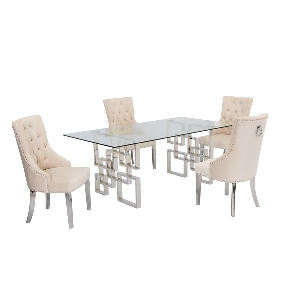 Rectangular Clear Glass 5-Piece Dining Set with Silver Velvet Chairs